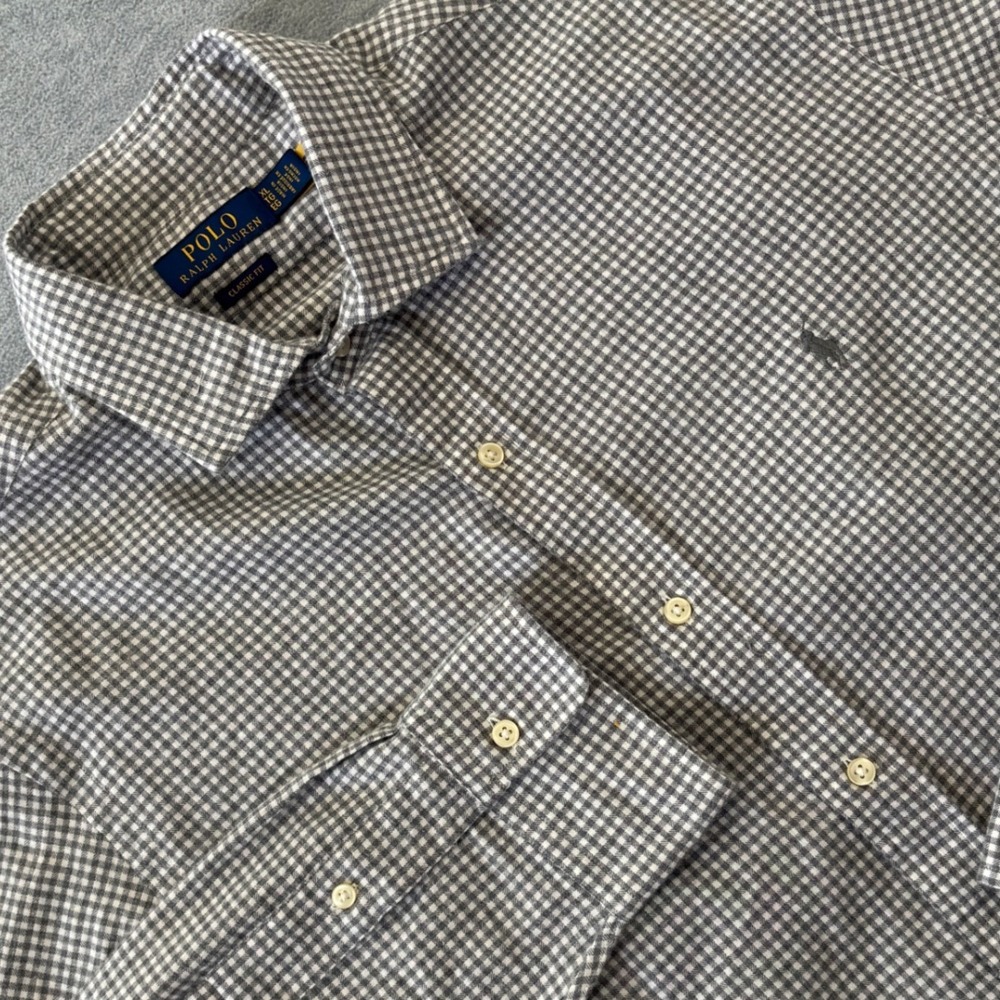 Polo Ralph Lauren Men XL Classic Fit Gingham Button Down Shirt Grey White Cotton